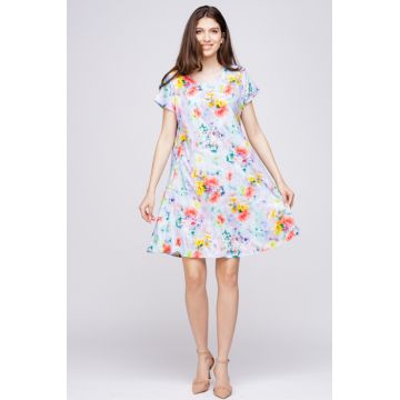 Rochie A line midi, silky, cu imprimeu floral pe fundal turcoaz