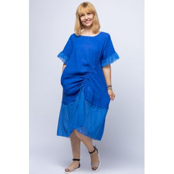 Rochie casual albastru electric din in, cu siret oblic si volan la maneci