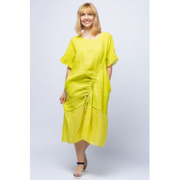 Rochie casual galben lime, din in, cu siret oblic si volan la maneci