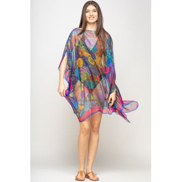 Rochie de plaja tip poncho cu mandale multicolore si margine fucia cu bleumarin, matase si vascoza