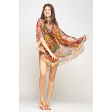 Rochie de plaja tip poncho cu mandale multicolore si margine maro si bej, matase si vascoza