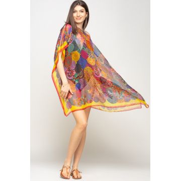 Rochie de plaja tip poncho cu mandale multicolore si margine rosie cu galben, matase si vascoza