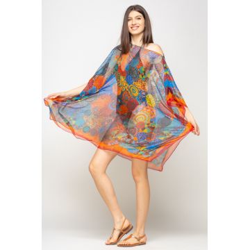 Rochie de plaja tip poncho cu mandale multicolore si margine rosie cu portocaliu, matase si vascoza