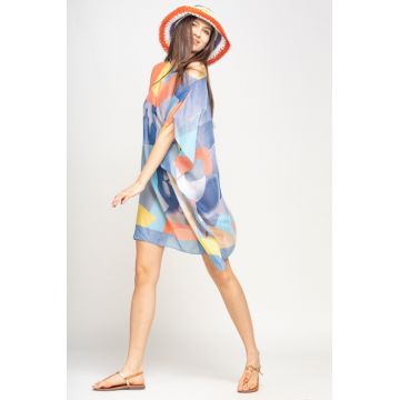 Rochie de plaja tip poncho cu model abstract in nuante de albastru jeans, portocaliu si gri , vascoza