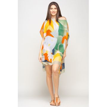 Rochie de plaja tip poncho cu model abstract in nuante de portocaliu, galben si verde, vascoza