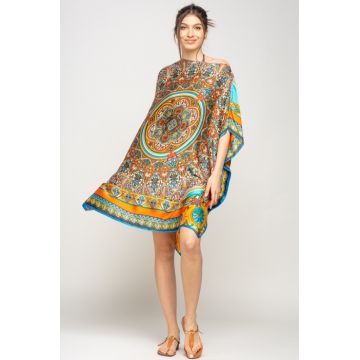 Rochie de plaja tip poncho din matase cu mandala centrala in chenar portocaliu si albastru