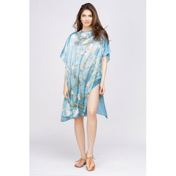 Rochie de plaja tip poncho din matase cu reproducere dupa    Migdal Inflorind   de Van Gogh