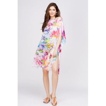 Rochie de plaja tip poncho din matase cu reproducere dupa o pictura celebra cu flori pastelate