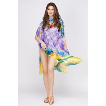 Rochie de plaja tip poncho din matase cu reproducere dupa o pictura cu campuri de lavanda