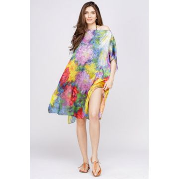 Rochie de plaja tip poncho din matase cu reproducere dupa o pictura impresionista