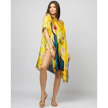 Rochie de plaja tip poncho din matase cu stilizare   Noaptea Instelata   pe fond galben