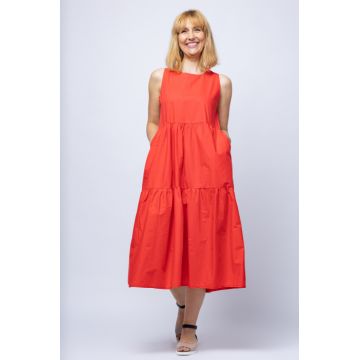 Rochie de vara rosie fara maneci, cu trei volane, din poplin de bumbac