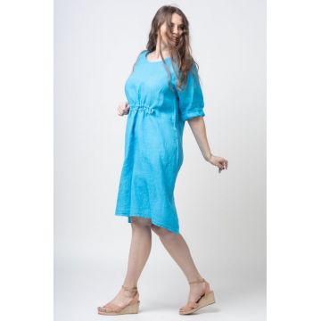 Rochie din in cu snur in talie, albastru azzuro