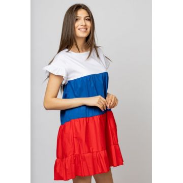 Rochie din poplin de bumbac cu trei volane colorate rosu-albastru-alb