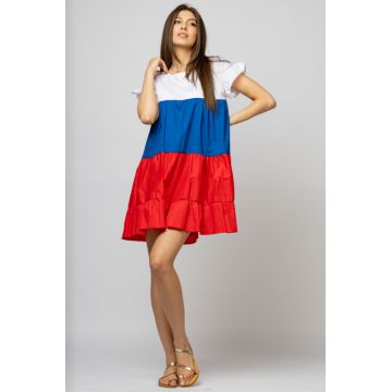 Rochie din poplin de bumbac cu trei volane colorate rosu - albastru - alb