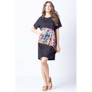 Rochie lalea asimetrica cu bust negru si imprimeu cu patrate multicolore