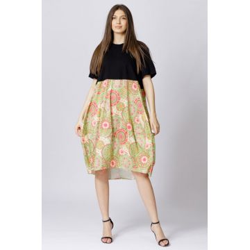 Rochie lalea cu bust negru si imprimeu mandale verde deschis