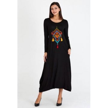 Rochie lalea in colturi, din tricot de vascoza, cu broderie   Squares