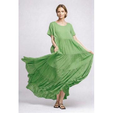 Rochie lunga, croi amplu cu patru volane, stil boem elegant, verde deschis
