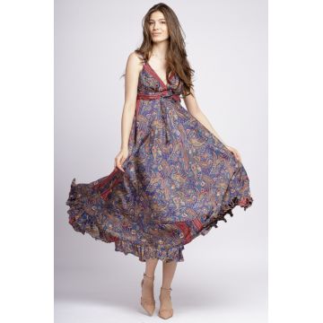 Rochie lunga cu bretelute din matase indiana cu bust petrecut si imprimeu arabesque bleumarin