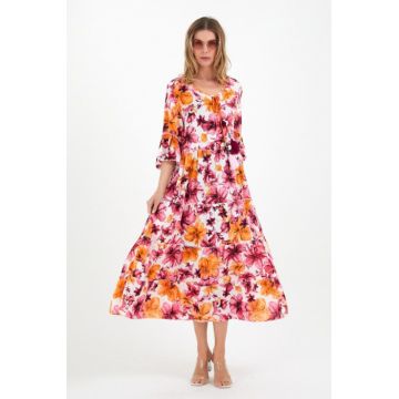 Rochie lunga cu volane si imprimeu floral 3D fucsia-orange, din vascoza Rochie lunga cu volane si imprimeu floral 3D fucsia-orange, din vascoza