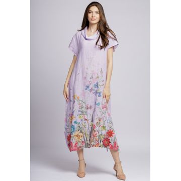 Rochie lunga din in cu guler intors si imprimeu pictural floral pe fond lila