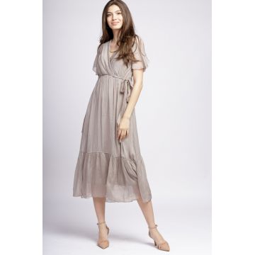 Rochie lunga din matase naturala cu bust petrecut, bej