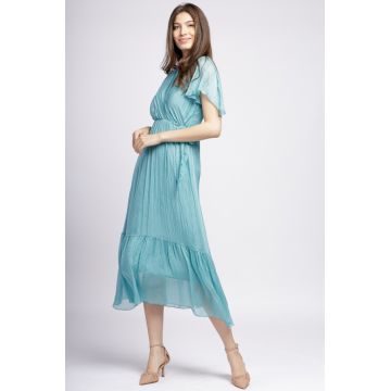 Rochie lunga din matase naturala cu bust petrecut, turcoaz pastelat