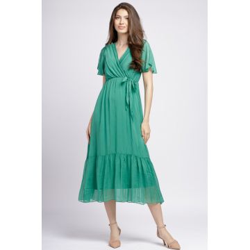 Rochie lunga din matase naturala cu bust petrecut, verde