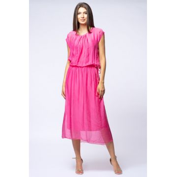 Rochie lunga din matase naturala fucsia, cu snur in talie