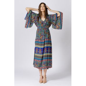 Rochie lunga din matase indiana cu maneca ampla si imprimeu arabesque albastru-verde Rochie lunga din matase indiana cu maneca ampla si imprimeu arabesque albastru-verde