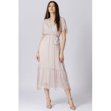 Rochie lunga din matase si vascoza, cu bust petrecut, roz prafuit
