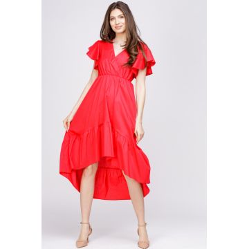 Rochie rosie cu bust petrecut si volan la maneci, din poplin