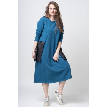Rochie turcoaz din bumbac cu buzunare din fas aplicate Rochie turcoaz din bumbac cu buzunare din fas aplicate