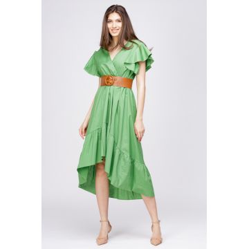 Rochie verde cu bust petrecut si volan la maneci, din poplin