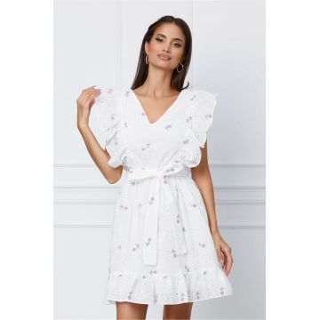 Rochie Dy Fashion alba cu broderie lila si volane