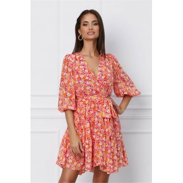 Rochie Dy Fashion din voal roz cu imprimeu floral orange si cordon in talie