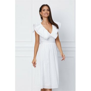 Rochie Dy Fashion midi alba cu motive florale si volane la bust