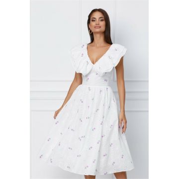 Rochie Dy Fashion midi alba flori lila si volane la bust