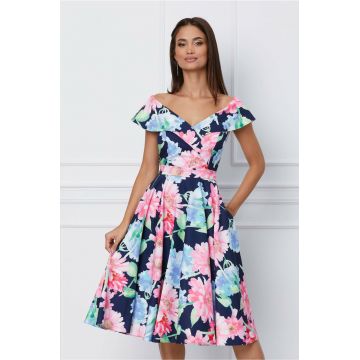 Rochie MBG bleumarin cu imprimeuri florale roz