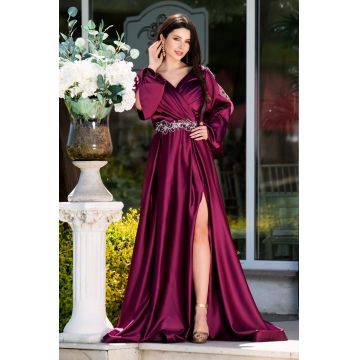 Rochie de lux Mariposa magenta lunga cu detaliu pretios in talie