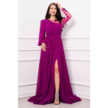 Rochie de nasa Elisabet magenta din voal cu pliseuri si maneci pretioase