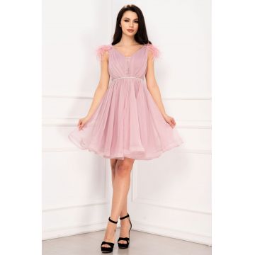 Rochie de ocazie Fiona rose eleganta cu perle in talie si accesoriu tip fulgi