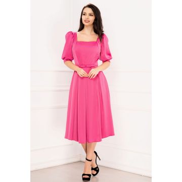 Rochie de ocazie Valeria fucsia cu pliuri si maneci bufante