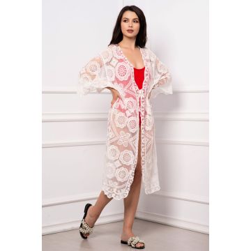 Rochie de plaja ivoire lunga din tulle brodat cu model floral