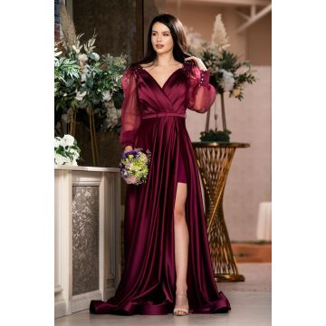 Rochie de seara Eliana magenta satinata cu aplicatii pretioase