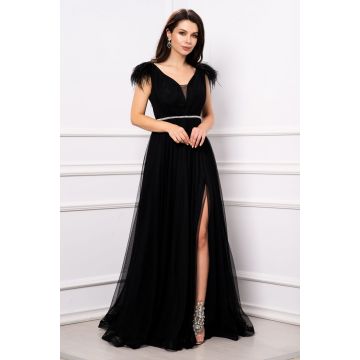 Rochie de seara Gratiela neagra cu perle in talie si accesoriu tip fulgi