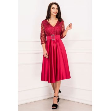 Rochie de soacra midi din tafta bordo cu dantela la bust si centura pretioasa