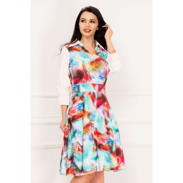 Rochie de zi Agapia in clos cu print multicolor si maneci cu volanas