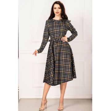 Rochie de zi Mady din jerse gri in clos cu dungi galbene
